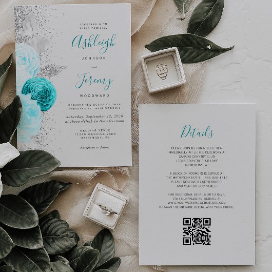 Turquoise Bloemstuk Zilveren Grijs QR Code Trouwen Kaart