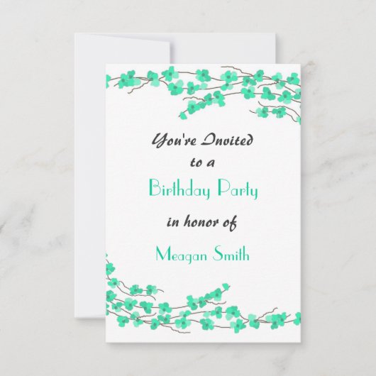 Turquoise Blossom Birthday Party Invitation Kaart (Voorkant)