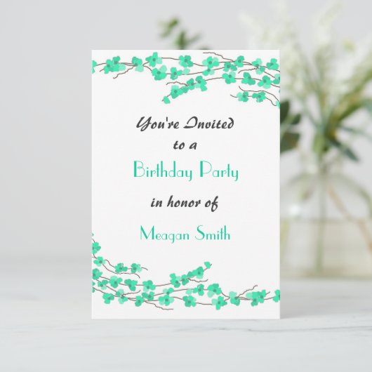 Turquoise Blossom Birthday Party Invitation Kaart (Staand voorkant)