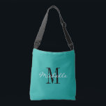 Turquoise blue aangepaste monogram cross-body bag crossbody tas<br><div class="desc">Aqua/Turquoise blue aangepaste monogram dwars door de lichaamzak van mannen en vrouwen. Stijlvol monogrammed ontwerp met manuscripttypografie voor gepersonaliseerde naam. Voeg je eigen aangepaste initiaal-brief toe. Kantoorzakken voor bedrijven, bedrijven, schoolboeken, papierwerk, kantoorbenodigdheden, accessoires voor sportbeoefening, enz. Ideaal voor studenten, leraren, verpleegkundigen, medewerkers, medewerkers, tieners, tieners, tieners, dochter, zoon, vader, echtgenoot,...</div>