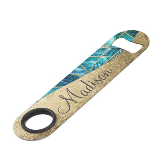 Turquoise Blue Agate Black Gold Geometric Monogram Speed Flessenopener (Voorkant Gekanteld)