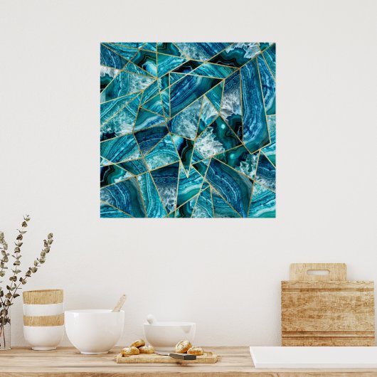 Turquoise Blue Agate Black Gold Geometric Triangle Poster (Keuken)
