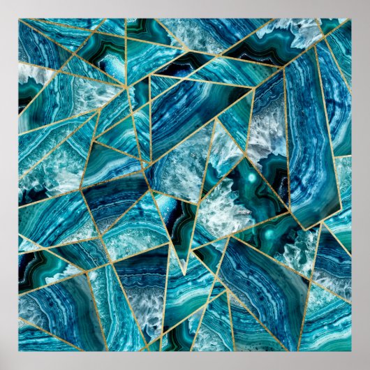 Turquoise Blue Agate Black Gold Geometric Triangle Poster (Voorkant)