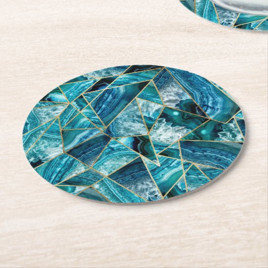 Turquoise Blue Agate Black Gold Geometric Triangle Ronde Kartonnen Onderzetter (Gebogen)
