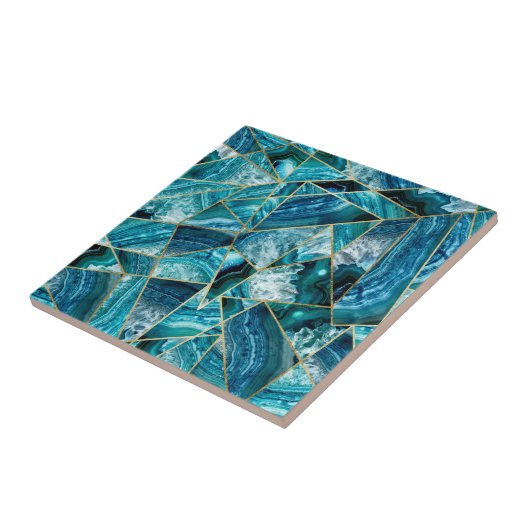 Turquoise Blue Agate Black Gold Geometric Triangle Tegeltje (Zijkant)