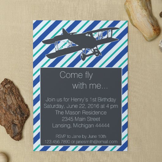Turquoise Blue  Airplane Birthday Invite Kaart