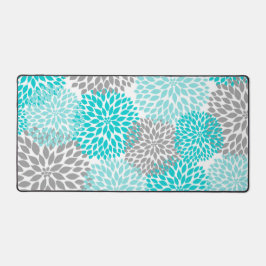 Turquoise Blue and Gray Dahlia Floral Bureaumat