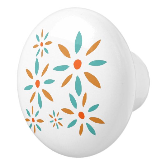 Turquoise Blue And Orange Mid Century Flowers Keramische Knop (Rechts)