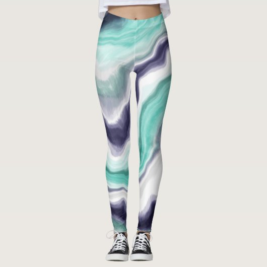 Turquoise, Blue and White Marble Swirls Leggings (Voorkant)