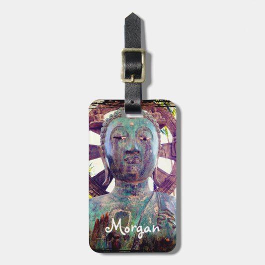 Turquoise Blue Antiek Buddha Custom Name Script Bagagelabel (Voorkant verticaal)
