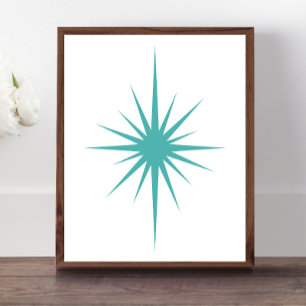 Turquoise Blue Atomic Starburst Mid Century Modern Poster
