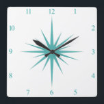 Turquoise Blue Atomic Starburst Nummers Midcentury Vierkante Klok<br><div class="desc">Deze moderne vierkante klok uit het midden van de eeuw heeft een gedurfde turquoise blauwe atoomstarburst en bijbehorende cijfers,  die een geweldige aanvulling vormen op de wanden van uw huis of kantoor!</div>