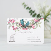 Turquoise Blue Birds Pink Cherry Blossom Birdcage RSVP Kaartje (Staand voorkant)