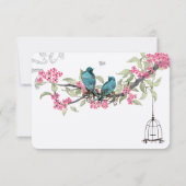 Turquoise Blue Birds Pink Cherry Blossom Birdcage RSVP Kaartje (Achterkant)