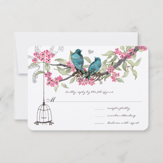 Turquoise Blue Birds Pink Cherry Blossom Birdcage RSVP Kaartje (Voorkant)