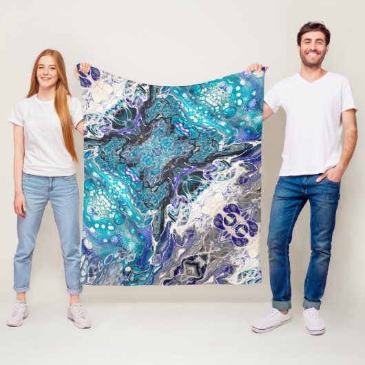 Turquoise Blue Black White - Abstracte verfcellen Fleece Deken (In situ)