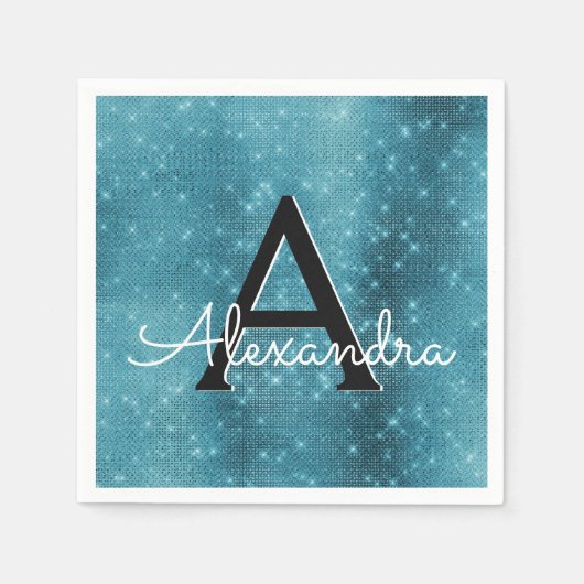 Turquoise Blue Blauwgroen Sparkle Monogram Verjaar Servetten (Voorkant)