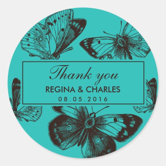 Turquoise Blue Butterfly Wedding Hartelijk dank, S Ronde Sticker (Voorkant)