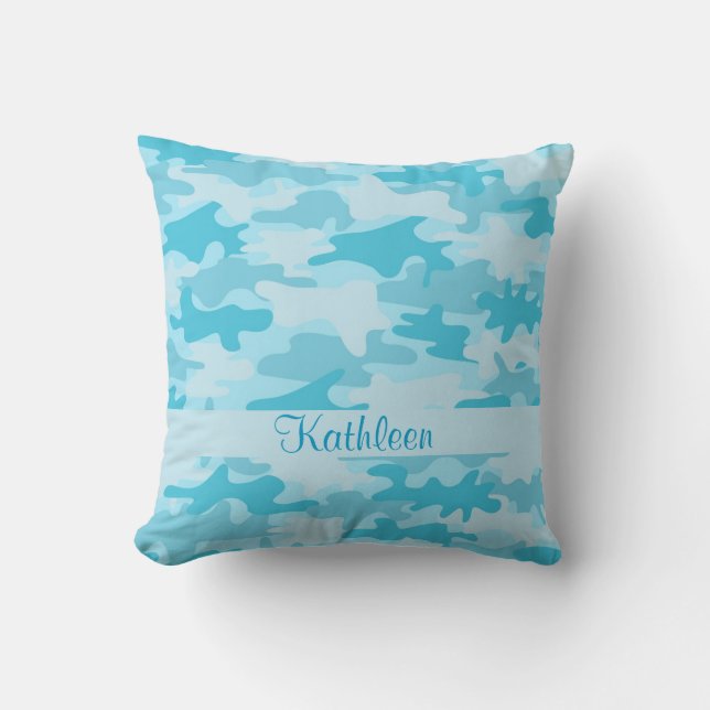 Turquoise Blue Camo Camouflage Name Persoonlijk Kussen (Voorkant)
