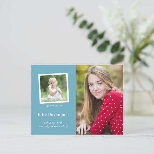 Turquoise Blue Classic Two Photo Afstuderen Briefkaart (Staand voorkant)