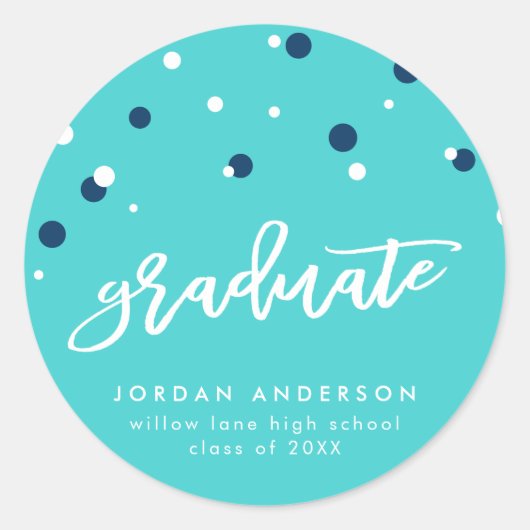 Turquoise Blue Confetti Afstuderen Afstuderen Ronde Sticker (Voorkant)