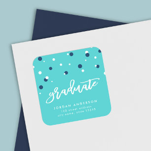 Turquoise Blue Confetti Afstuderen Return Address Vierkante Sticker