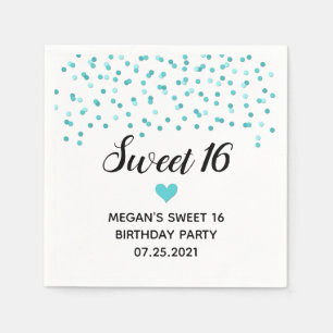 Turquoise Blue Confetti Sweet 16 Verjaardag Servet