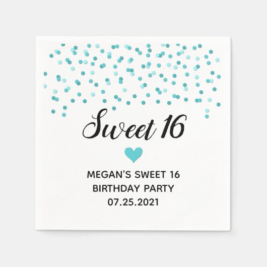 Turquoise Blue Confetti Sweet 16 Verjaardag Servet (Voorkant)