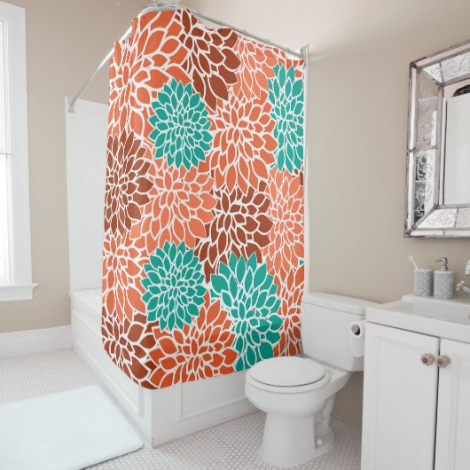 Turquoise Blue, Coral and Bronze Flower Collage Douchegordijn (In situ)