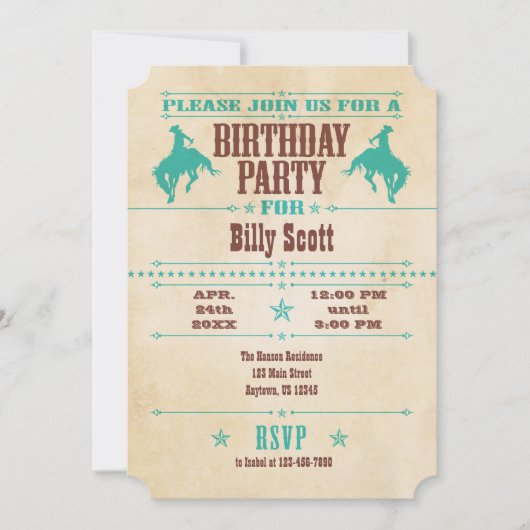 Turquoise Blue Cowboy Birthday Uitnodiging (Voorkant)