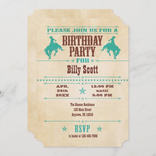 Turquoise Blue  Cowboy Birthday Uitnodiging (Voorkant / Achterkant)
