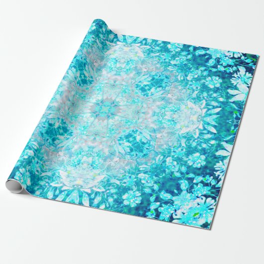 Turquoise Blue Crystal Floral Pattern Cadeaupapier (Uitgerold)