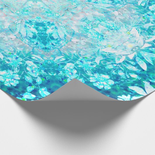 Turquoise Blue Crystal Floral Pattern Cadeaupapier (Hoek)
