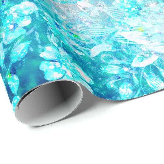 Turquoise Blue Crystal Floral Pattern Cadeaupapier (Rol Hoek)