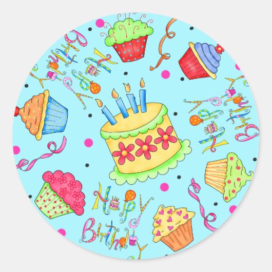 Turquoise Blue Cupcakes en Cake Happy Birthday Ronde Sticker (Voorkant)