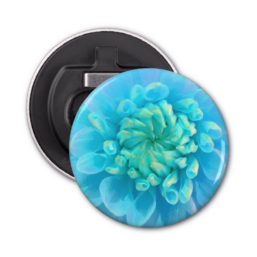 Turquoise Blue Dahlia Flower in Waterverf Button Flesopener (Voorkant)
