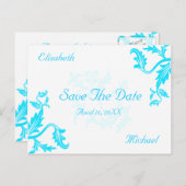Turquoise Blue Damask Leaf Print Bewaar de datum Aankondigingskaart (Voorkant / Achterkant)