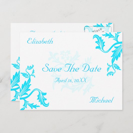 Turquoise Blue Damask Leaf Print Bewaar de datum Aankondigingskaart (Voorkant / Achterkant)