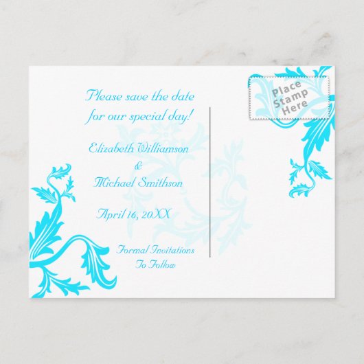 Turquoise Blue Damask Leaf Print Bewaar de datum Aankondigingskaart (Achterkant)