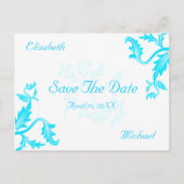 Turquoise Blue Damask Leaf Print Bewaar de datum Aankondigingskaart (Voorkant)