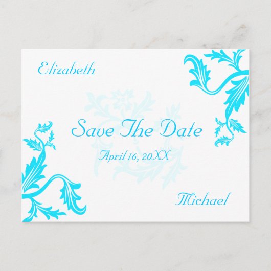 Turquoise Blue Damask Leaf Print Bewaar de datum Aankondigingskaart (Voorkant)
