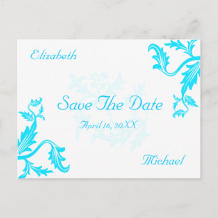 Turquoise Blue Damask Leaf Print Save the Date Aankondigingskaart