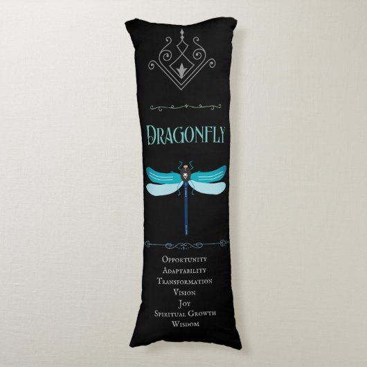 Turquoise Blue Dragonfly Spirit Animal Black Lichaamskussen (Voorkant Verticaal)