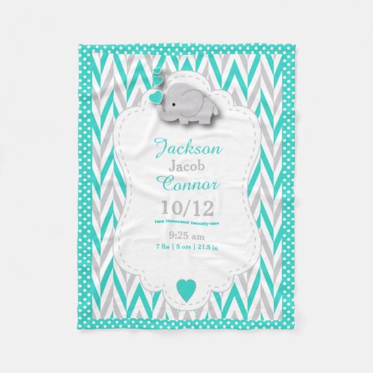 Turquoise Blue Elephant Birth Keepomwille Design Fleece Deken (Voorkant)