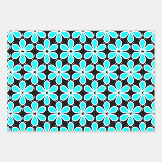 Turquoise Blue en Black Floral Pattern Inpakpapier Vel (Voorkant 2)