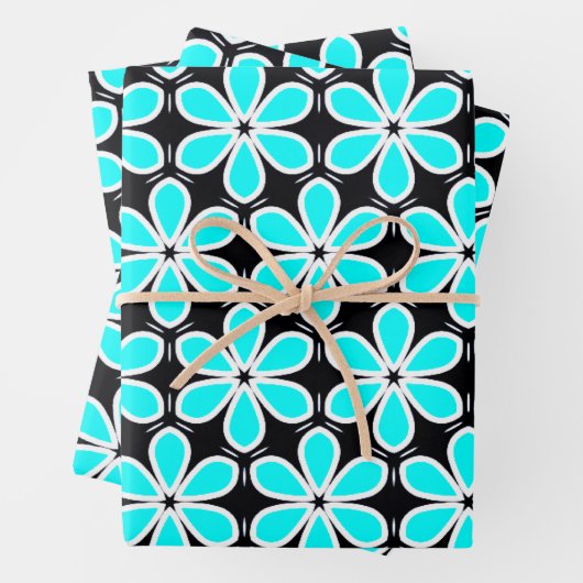 Turquoise Blue en Black Floral Pattern Inpakpapier Vel (In situ)