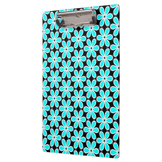 Turquoise Blue en Black Floral Pattern Klembord (Links)
