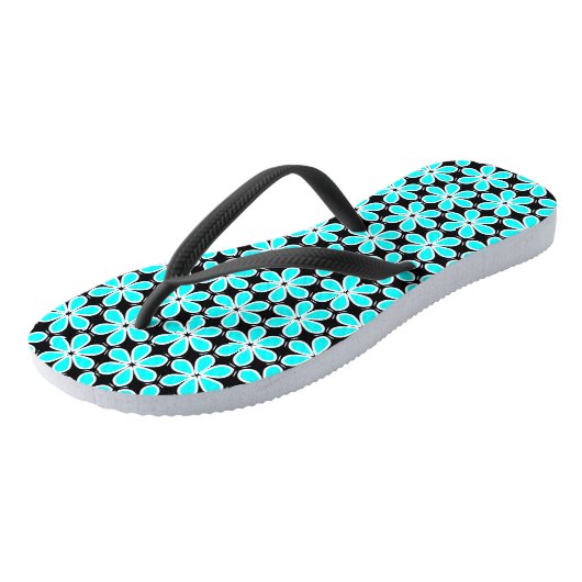Turquoise Blue en Black Floral Pattern Teenslipper Teenslippers (Schuin)