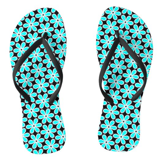 Turquoise Blue en Black Floral Pattern Teenslipper Teenslippers (Voetbed)