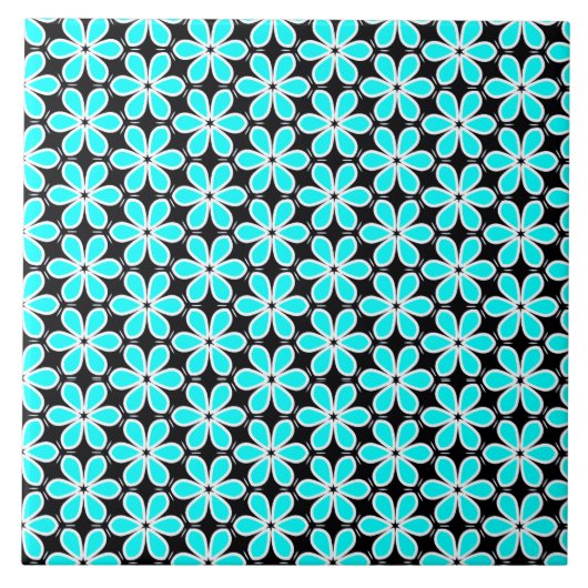 Turquoise Blue en Black Floral Pattern Tegeltje (Voorkant)